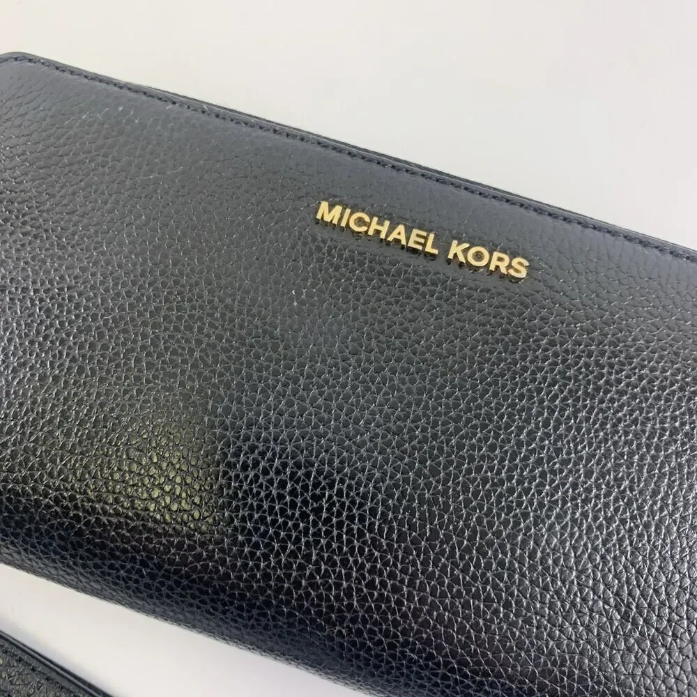 Michael Kors Leather Continental Wristlet Mercer Black Pebbled Wallet Zip Around